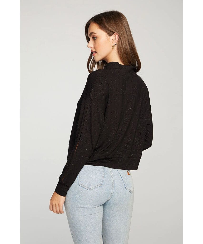 Split Sleeve Mock Neck Black Sparkle - PINK ARROWS
