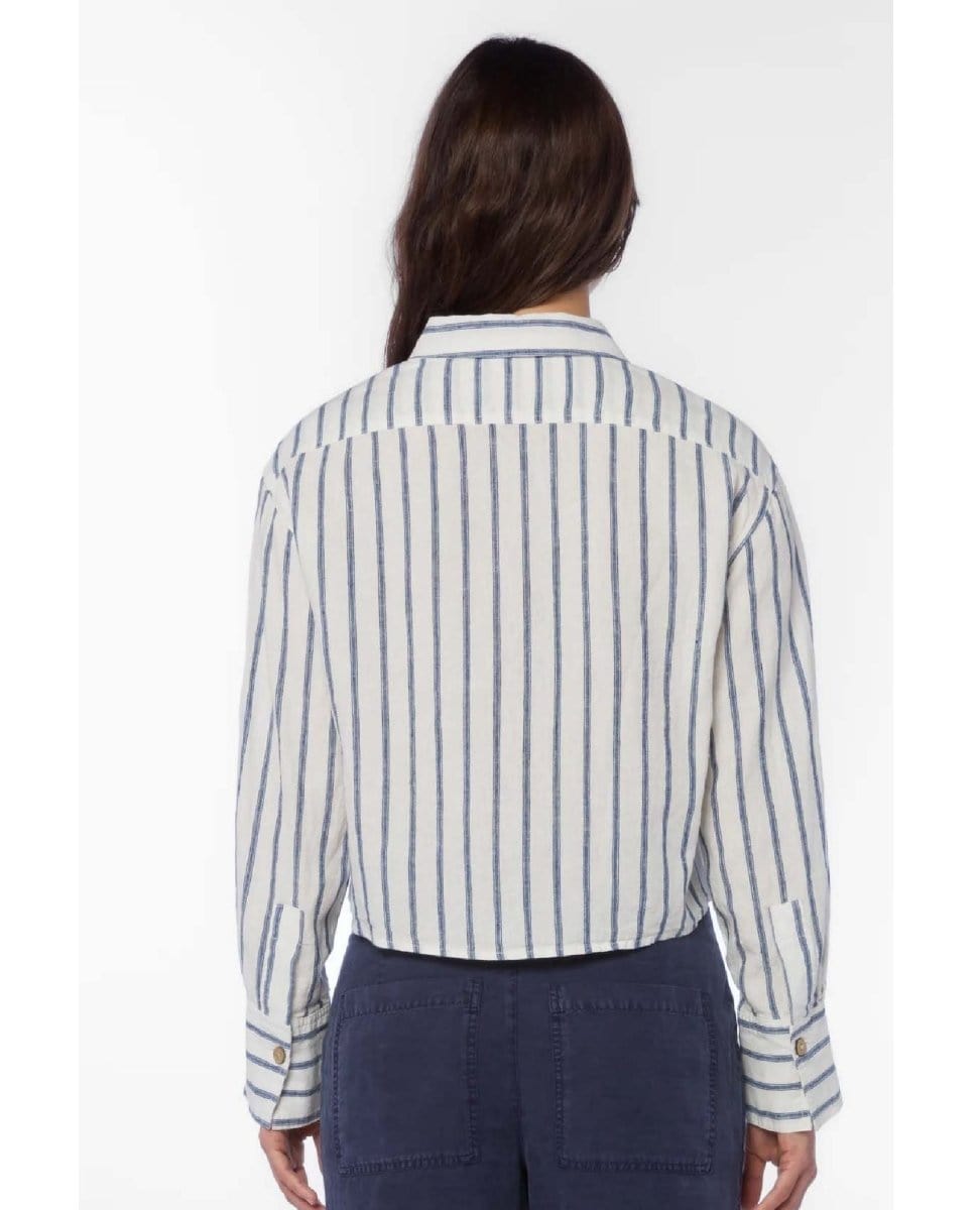 Summerlyn Long Sleeve Button Up Navy Stripe Shirt - PINK ARROWS