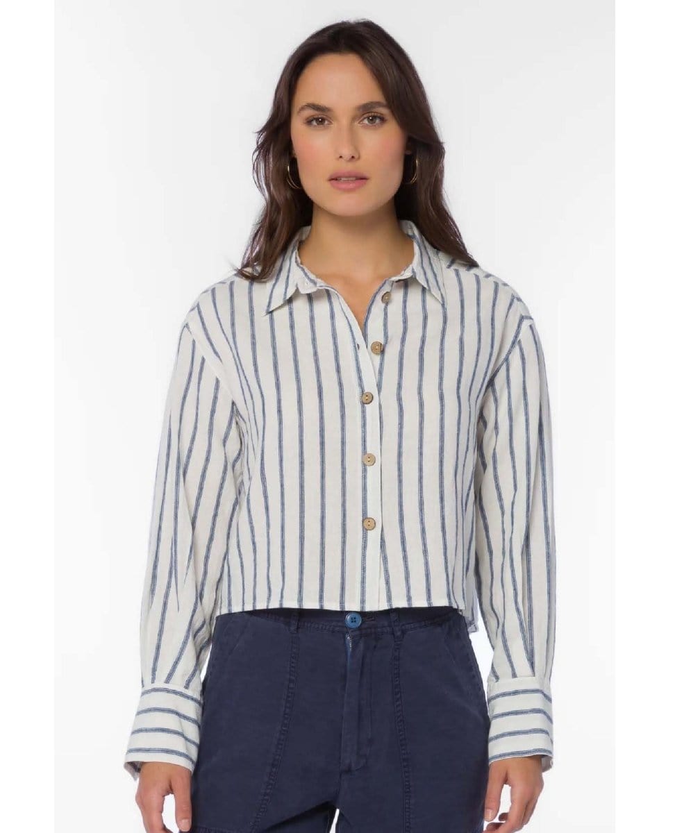 Summerlyn Long Sleeve Button Up Navy Stripe Shirt - PINK ARROWS