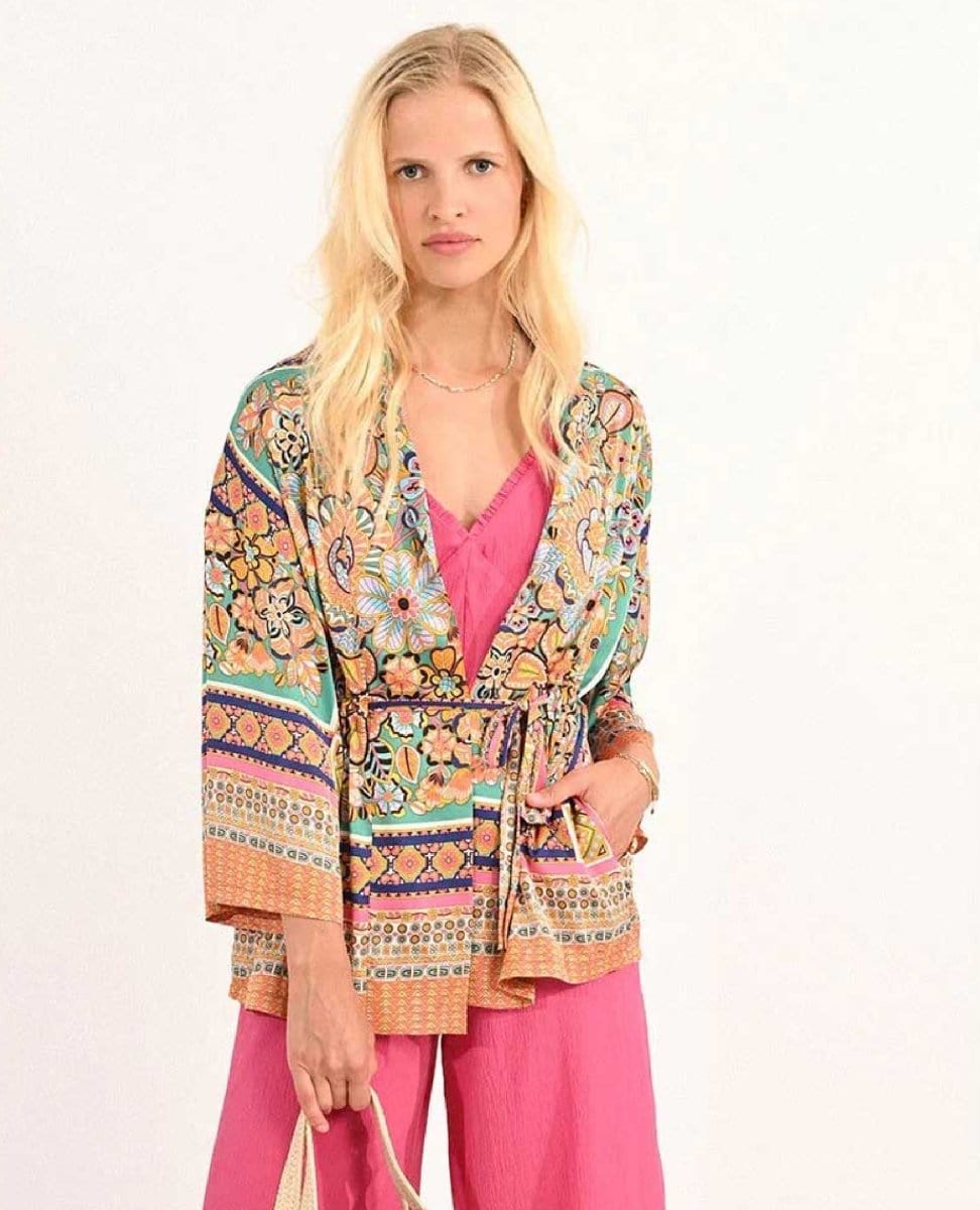 Vacay Tie Bright Kimono - PINK ARROWS