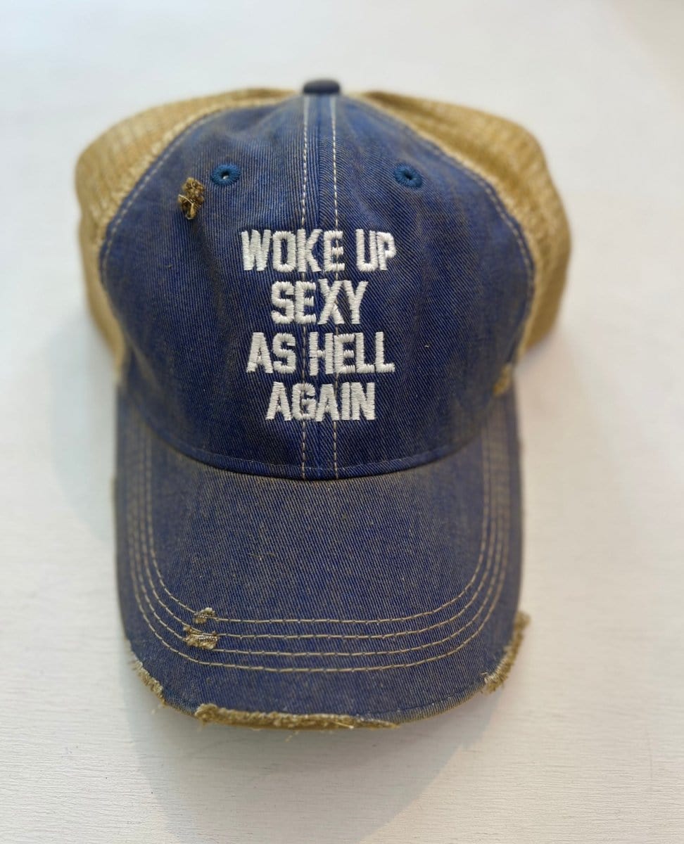 Woke Up Sexy As Hell Again Trucker Hat Blue - PINK ARROWS