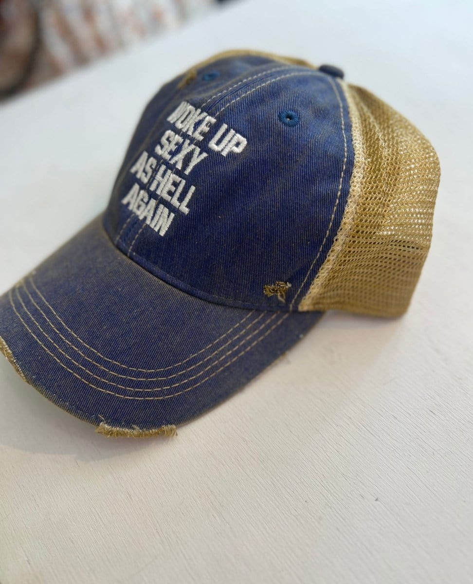Woke Up Sexy As Hell Again Trucker Hat Blue - PINK ARROWS
