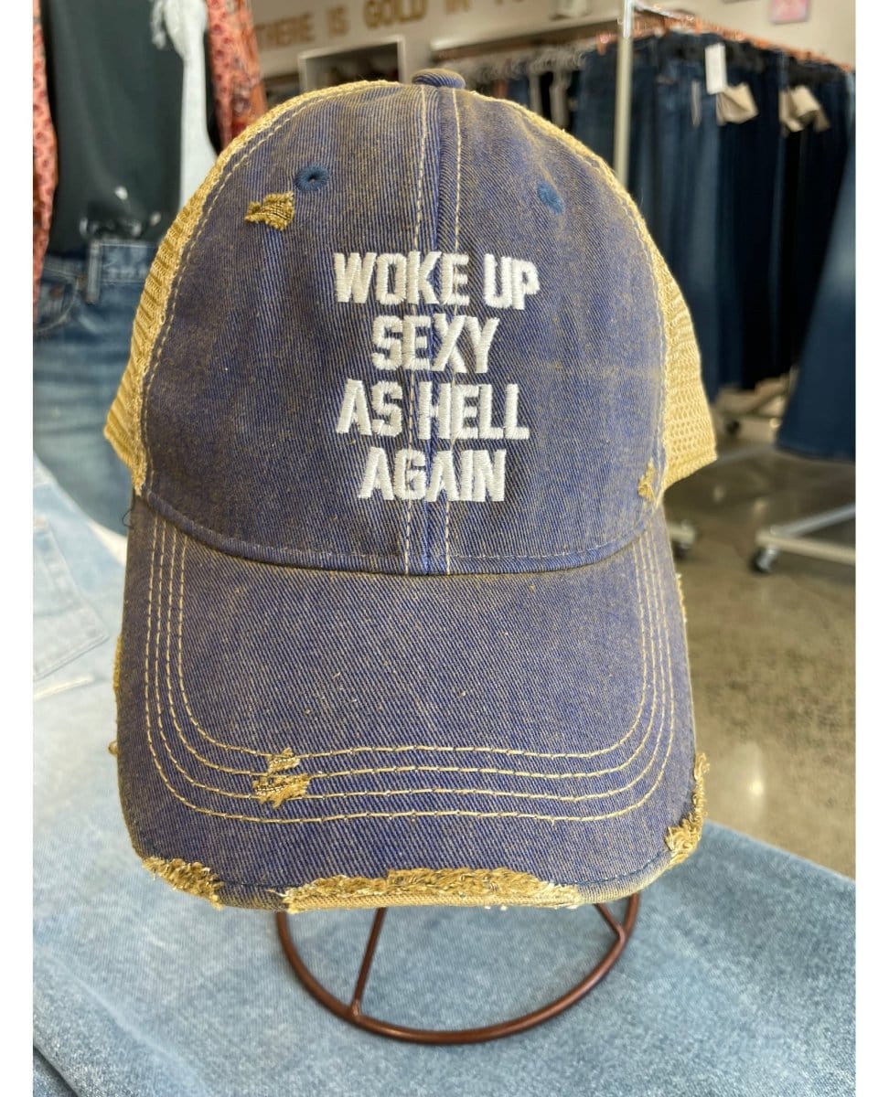 Woke Up Sexy As Hell Again Trucker Hat Blue - PINK ARROWS