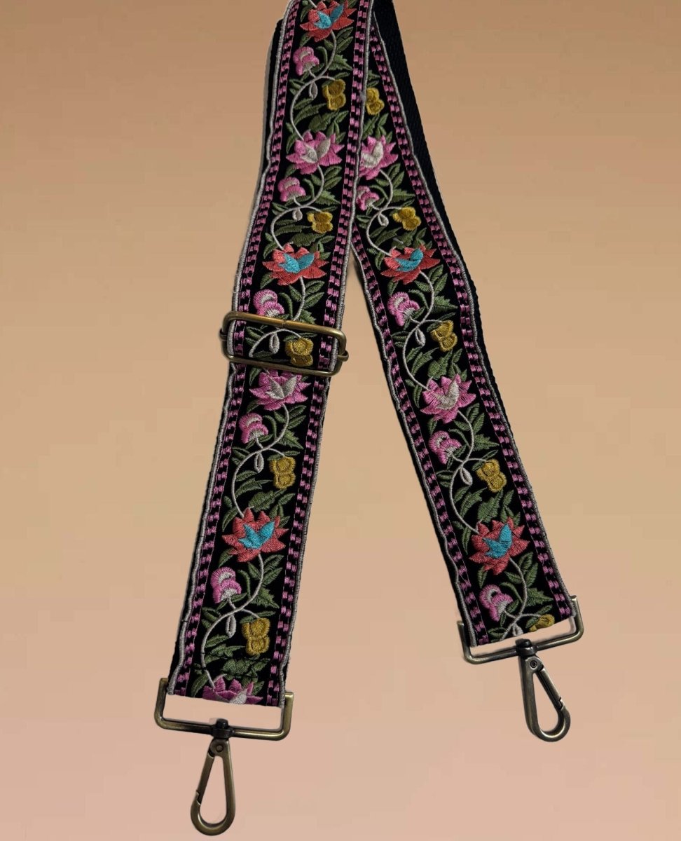 Woven Purse Shoulder Strap Black floral - PINK ARROWS
