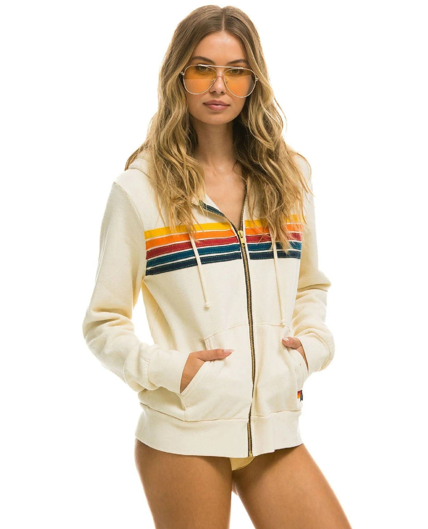 AN 5 Stripe Zip Hooded Vintage White
