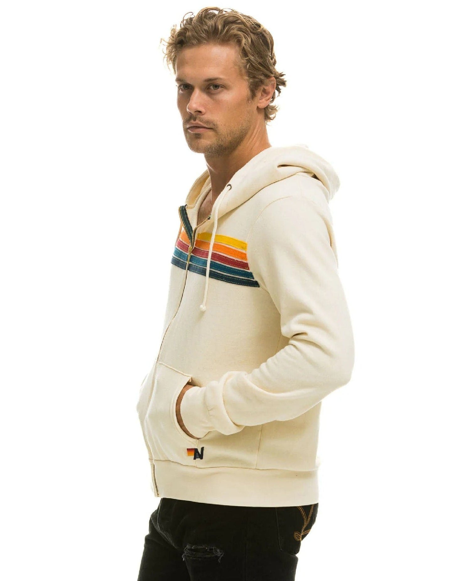 AN 5 Stripe Zip Hooded Vintage White