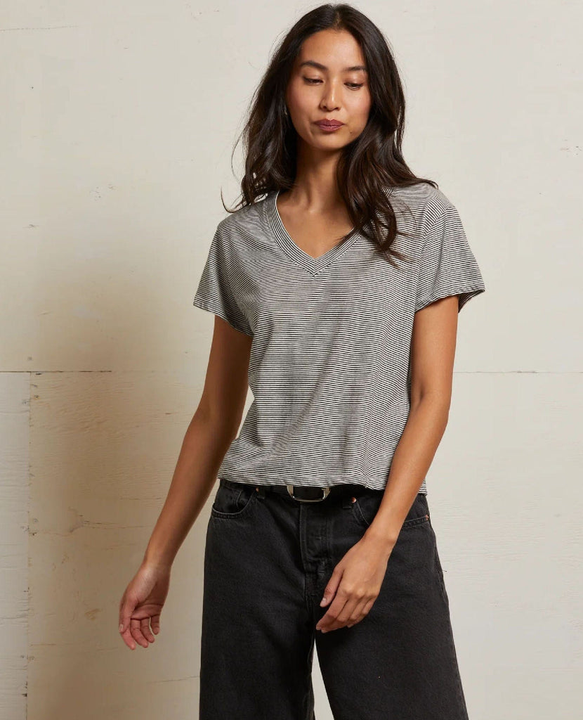 Hendrix V Neck Tee Ivory Black Stripe