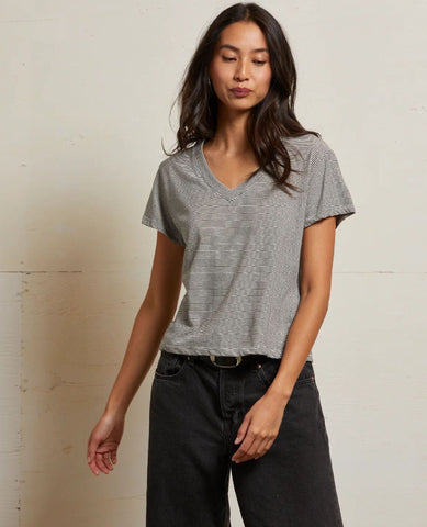 Hendrix V Neck Tee Ivory Black Stripe