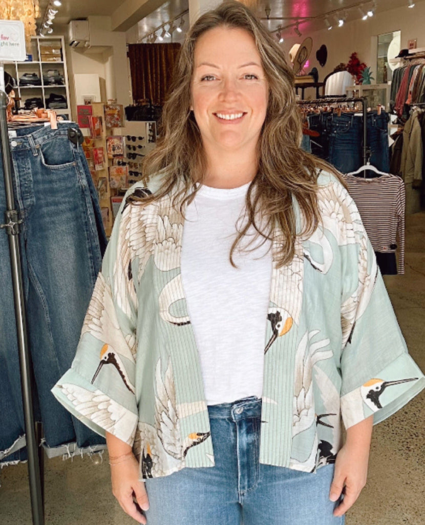 One Hundred Stars Aqua Heron Short Kimono