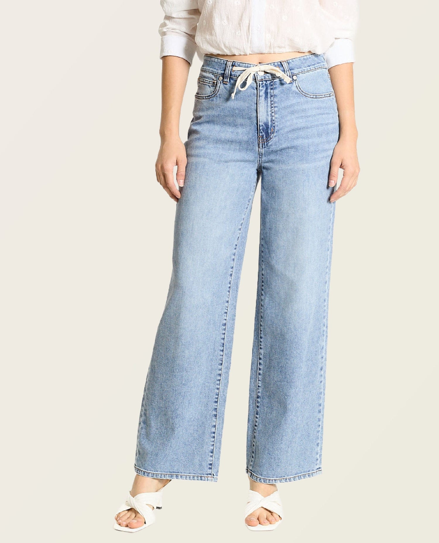 High Rise Wide Leg Drawstring Light Trouser