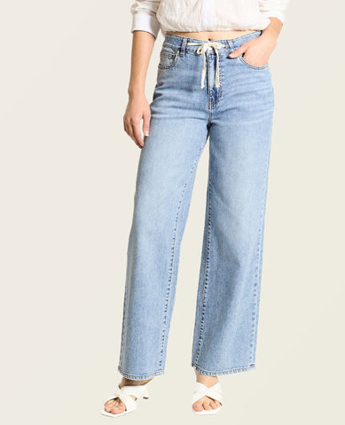 High Rise Wide Leg Drawstring Light Trouser