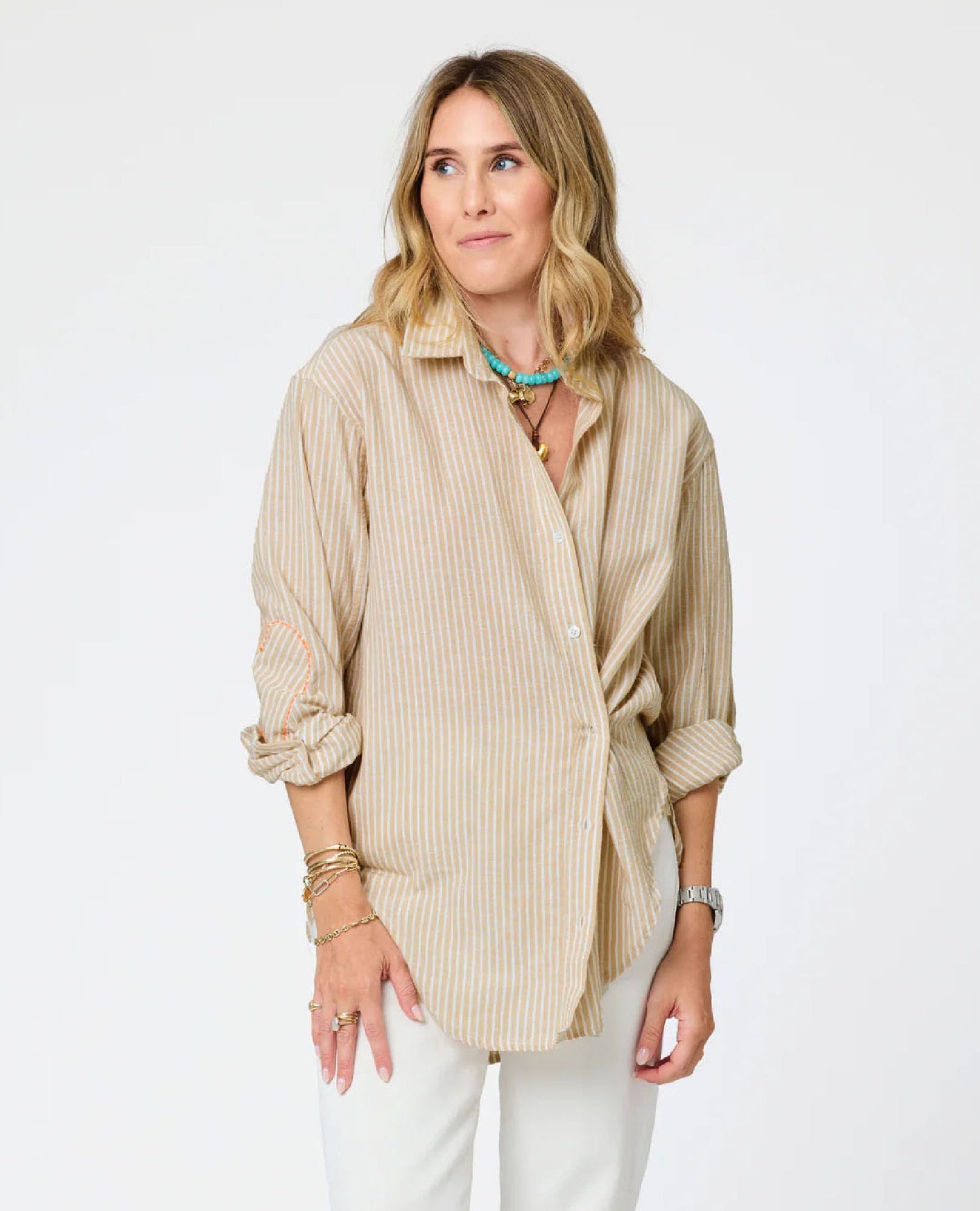 Jack Cross Button Linen Stripe Shirt Oak