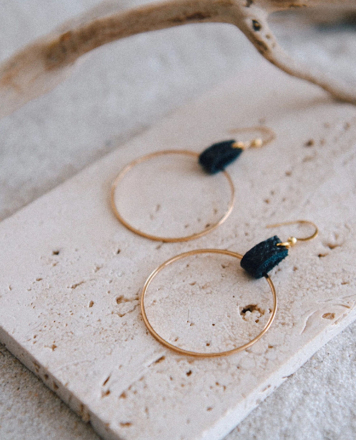 Lightweight Leather and Gold Plated Hoops Black