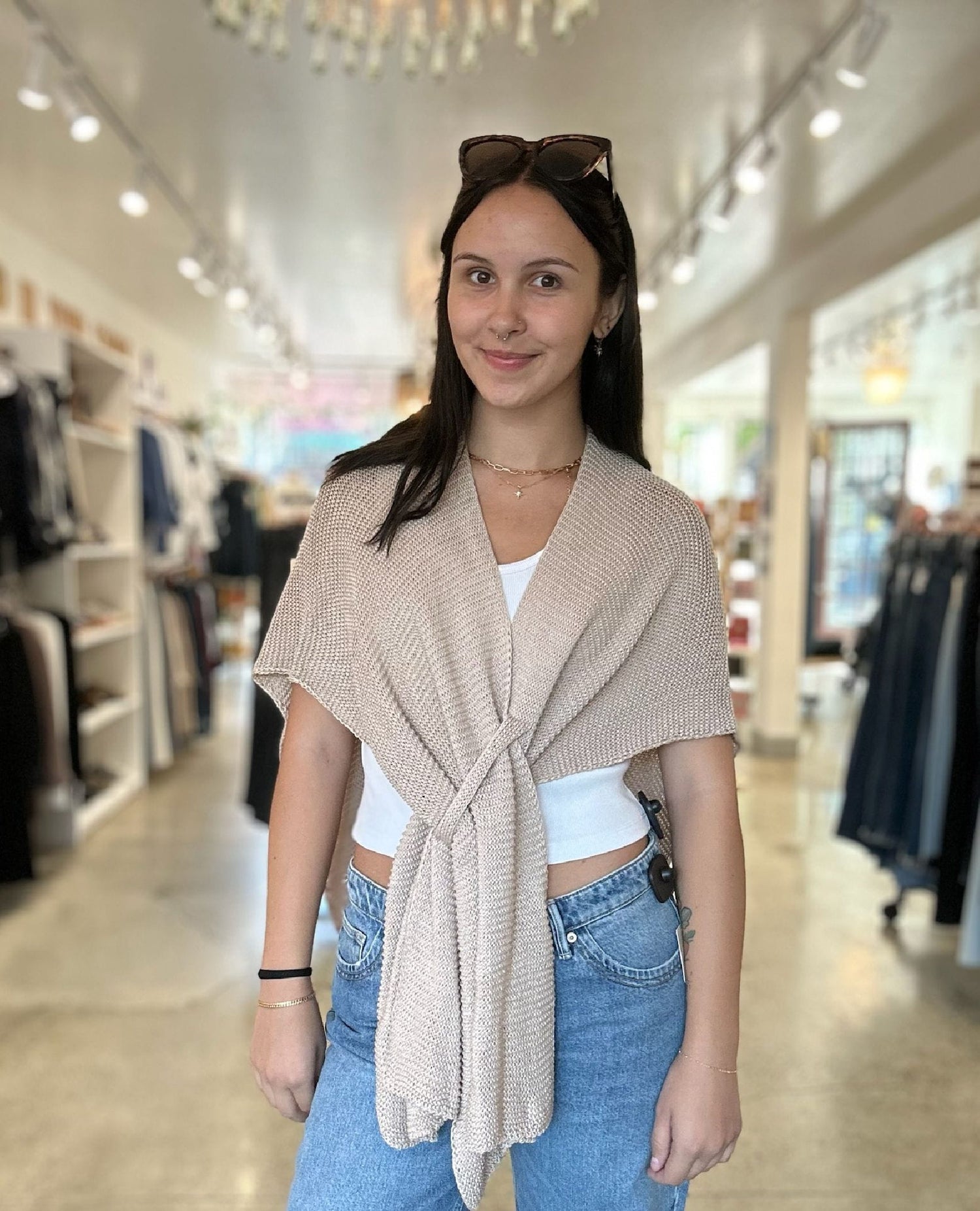 Knit Front Wrap Shawl Taupe