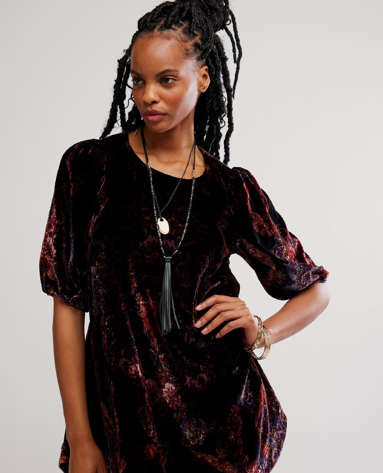 Maye Printed Velvet Tunic in Dark Black Combo