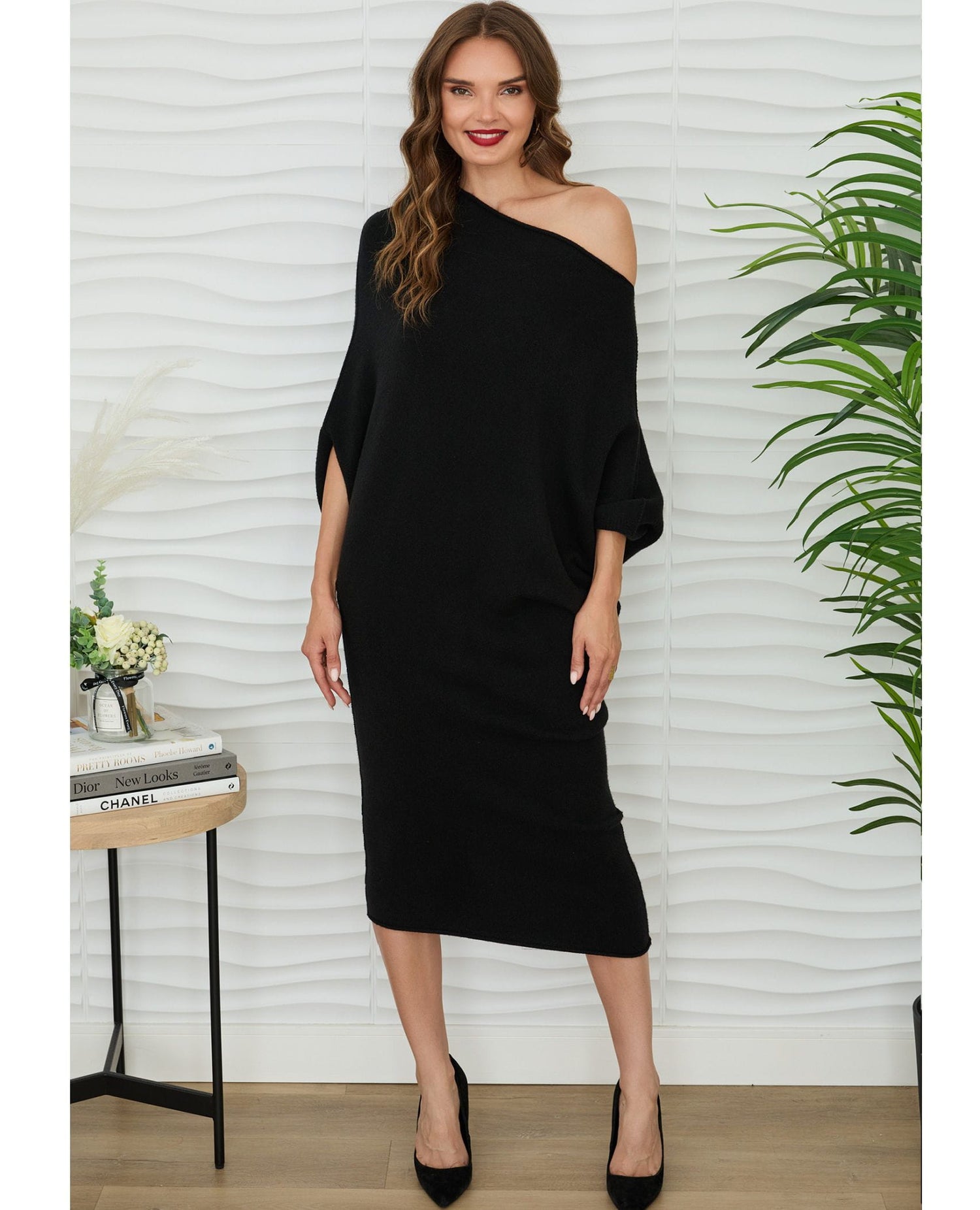 Asymmetric Black Sweater Dress