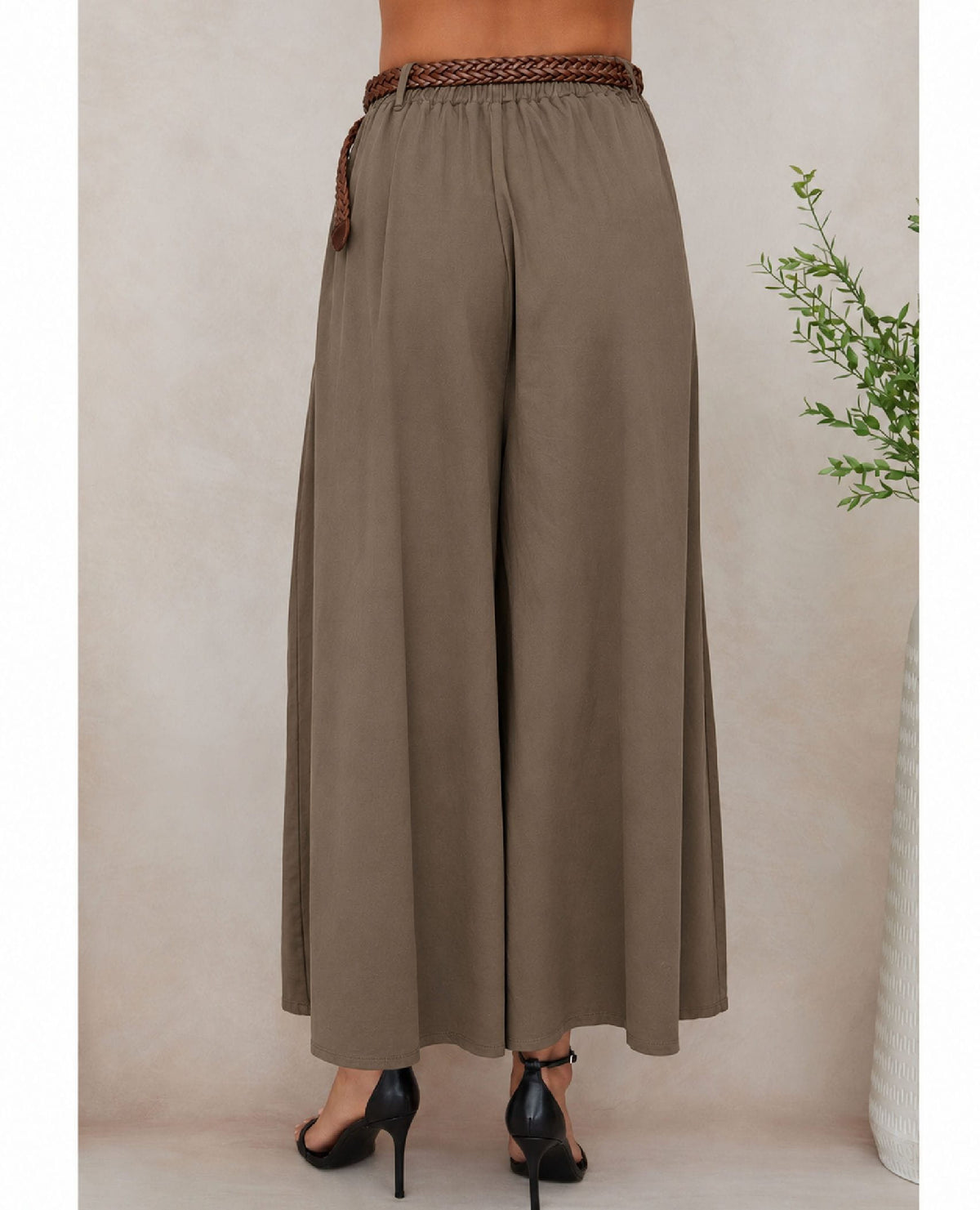 Belted Wide Leg Plazzo Pant Brown
