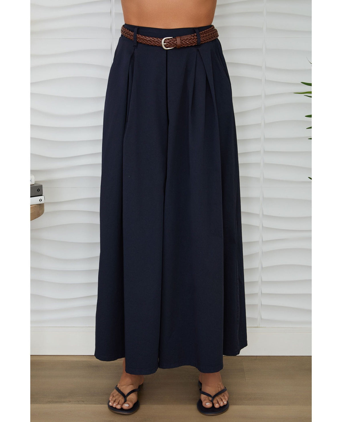 Belted Wide Leg Plazzo Pant Navy