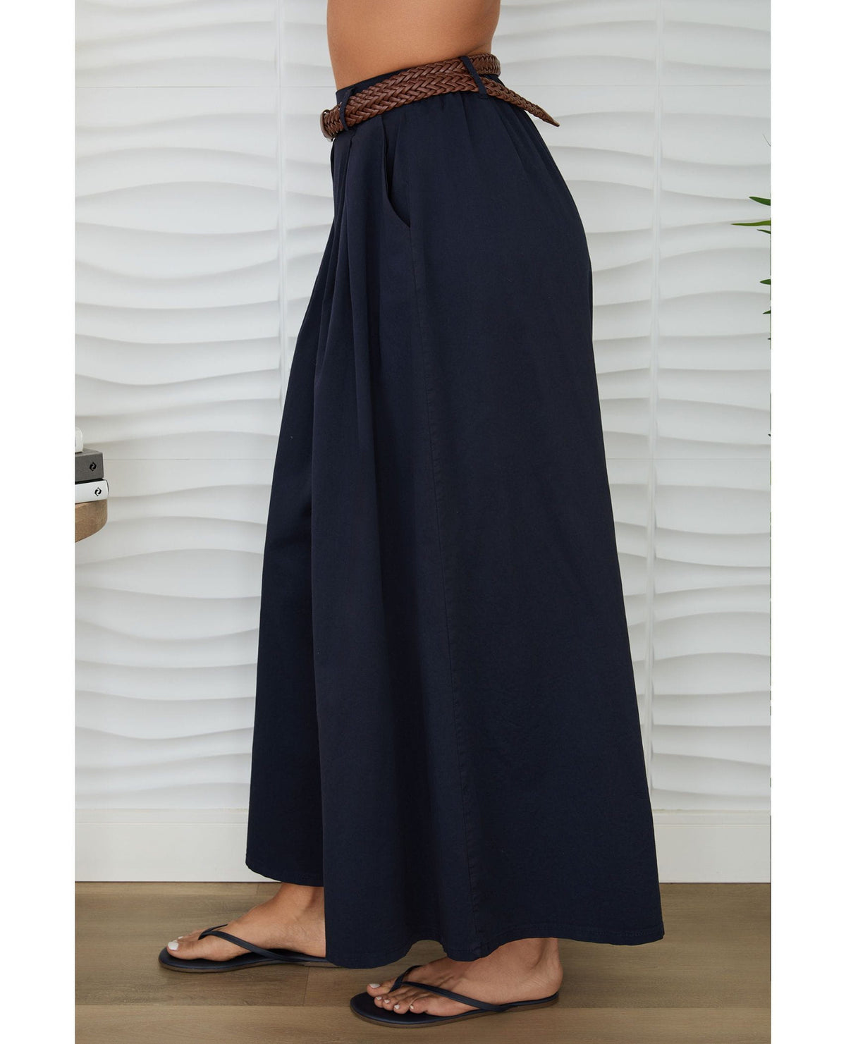 Belted Wide Leg Plazzo Pant Navy
