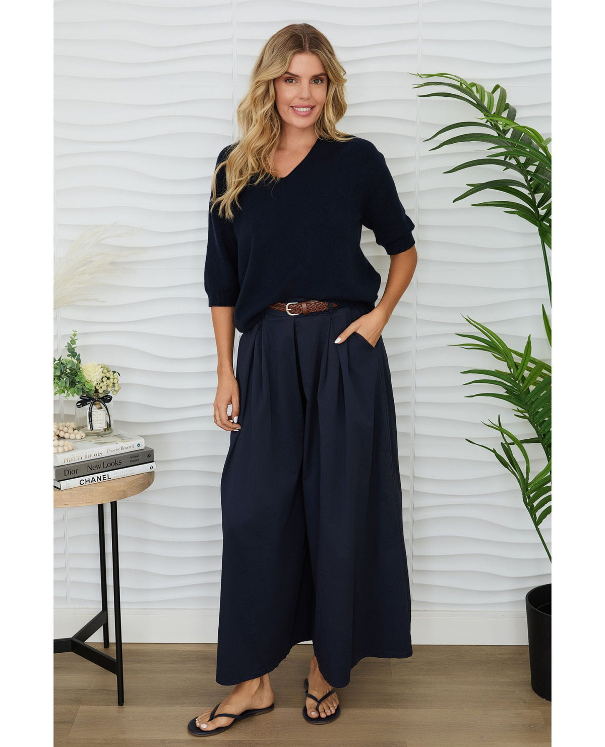 Belted Wide Leg Plazzo Pant Navy
