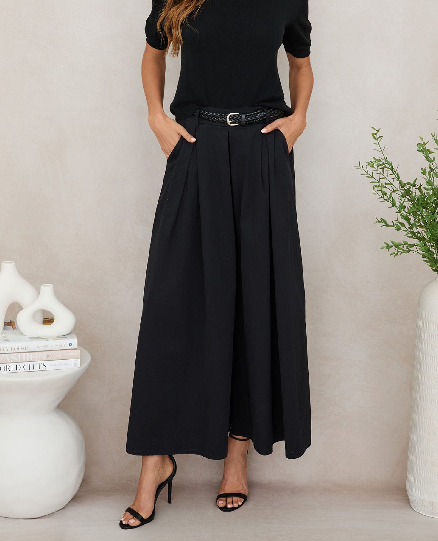 Belted Wide Leg Plazzo Pant Black