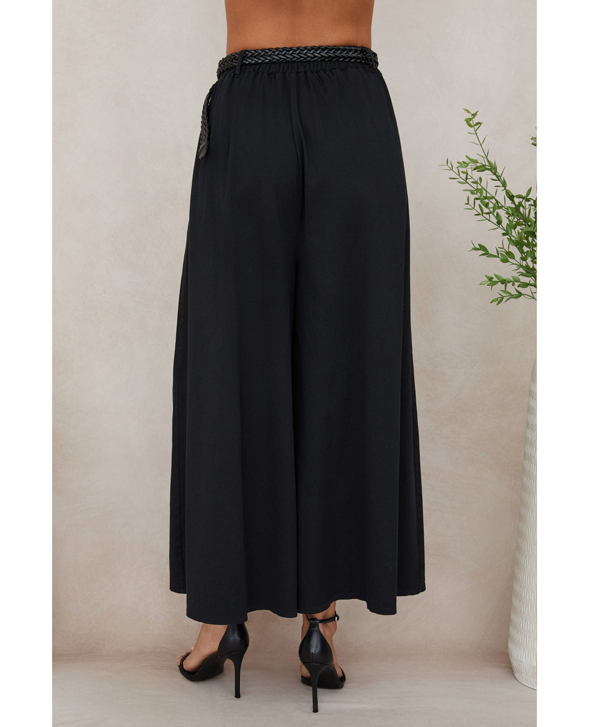 Belted Wide Leg Plazzo Pant Black