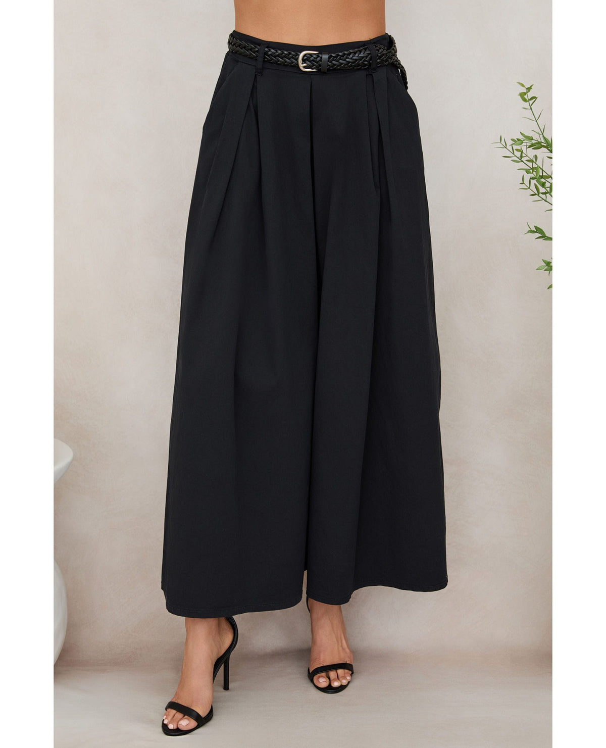 Belted Wide Leg Plazzo Pant Black