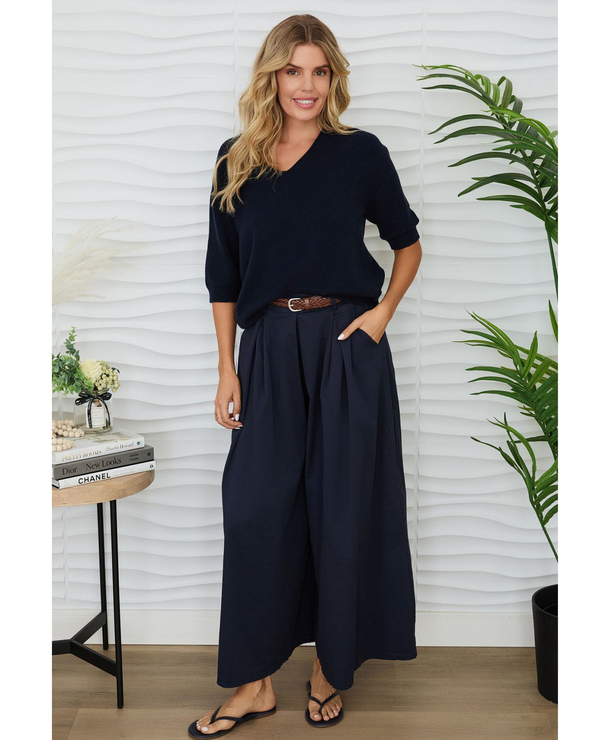 V-Neck Short Sleeve Navy Sweater