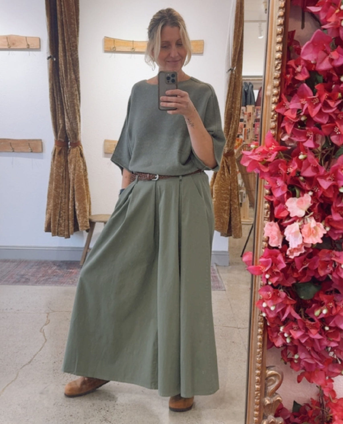 Belted Wide Leg Plazzo Pant Army