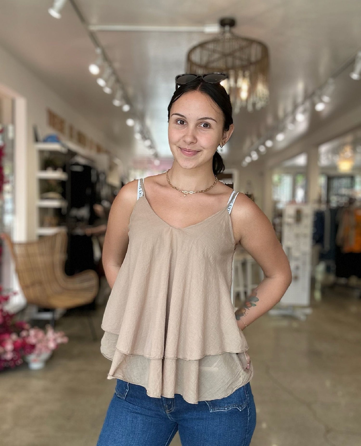 Layered V-Neck Tank Top Camel