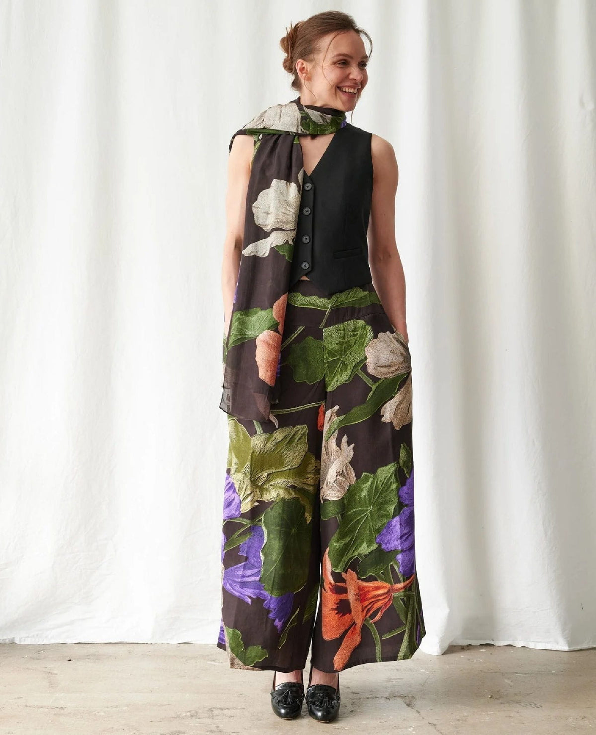 Black Floral Nasturtium Palazzo Pants