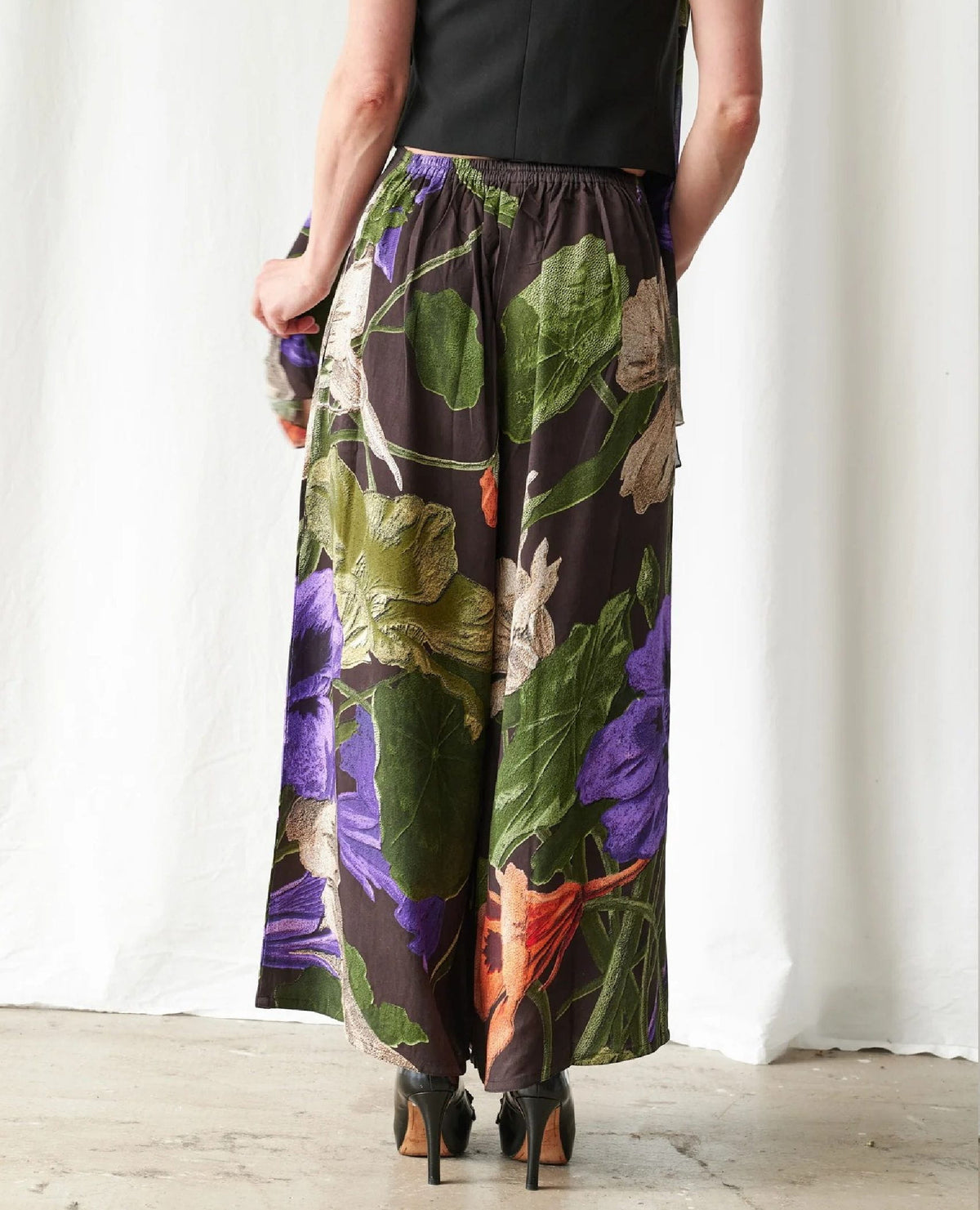 Black Floral Nasturtium Palazzo Pants