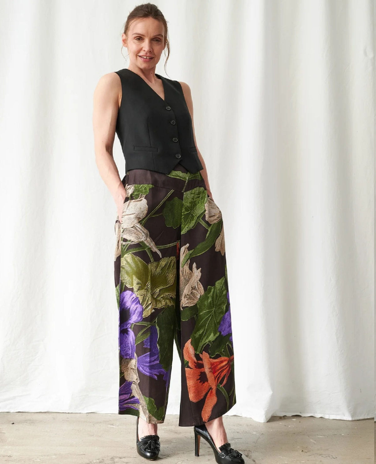 Black Floral Nasturtium Palazzo Pants