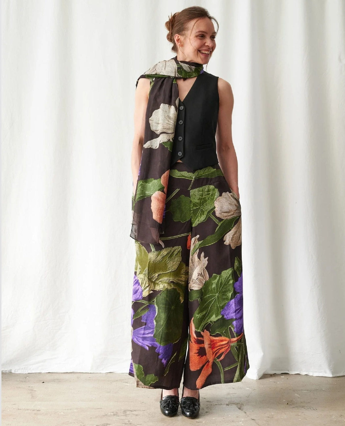 Black Floral Nasturtium Scarf