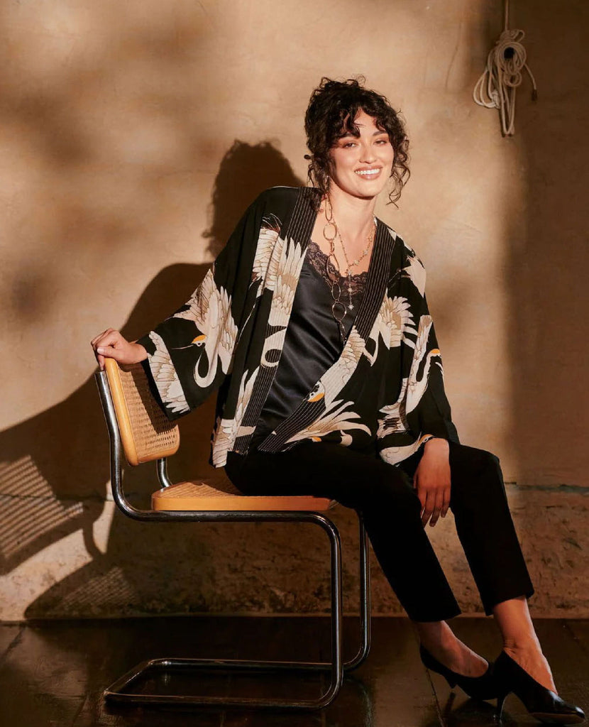 Stork Black Crepe Kimono