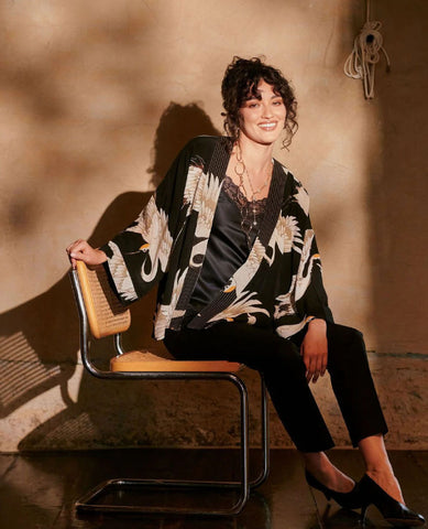 Stork Black Crepe Kimono