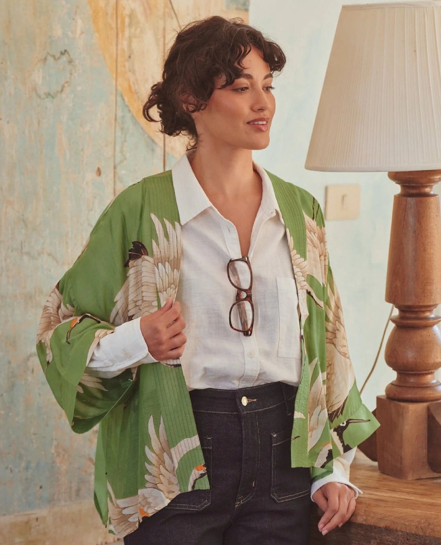 Green Stork Short Kimono