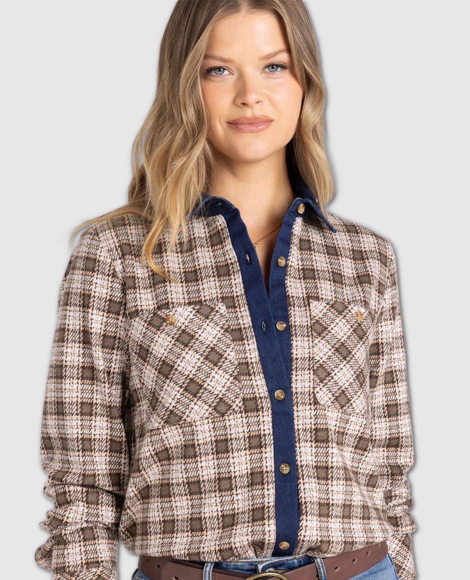 Western Rowe Plaid Top – Cream & Brown