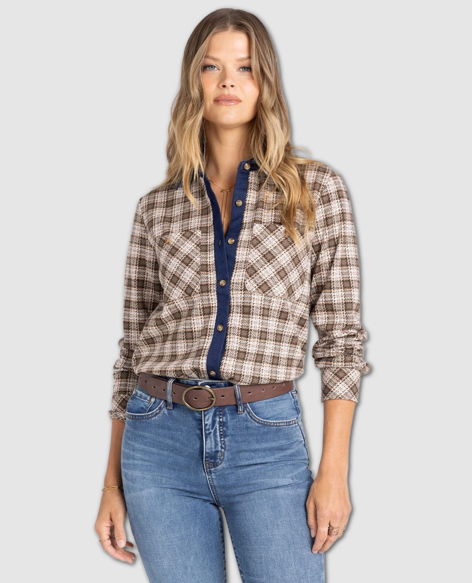 Western Rowe Plaid Top – Cream & Brown