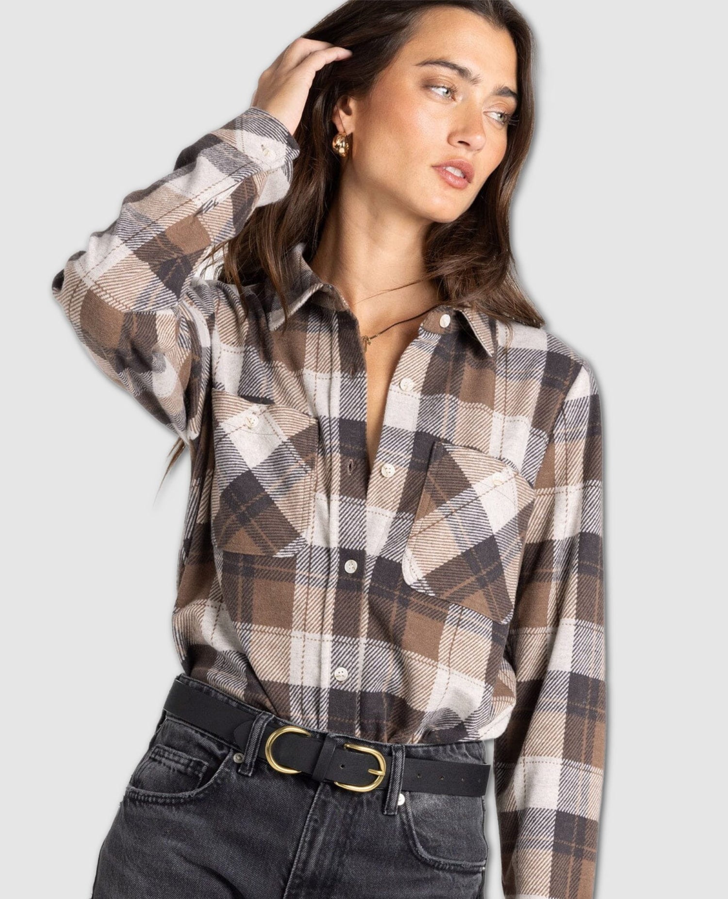 Lewis Long Sleeve Cream Brown Plaid