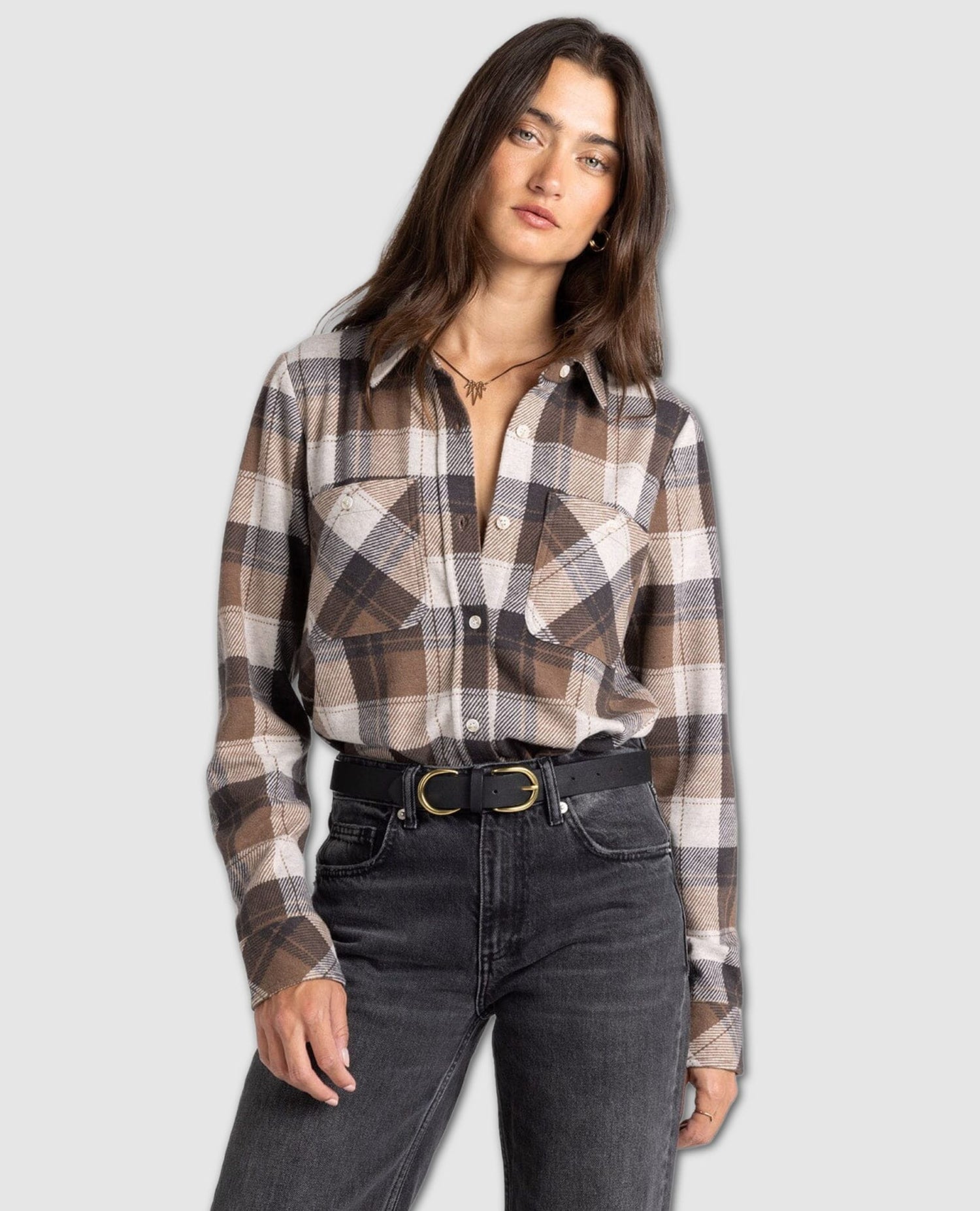 Lewis Long Sleeve Cream Brown Plaid