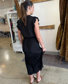 Allegra Ruffle Sleeve Satin Midi Dress Black - PINK ARROWS