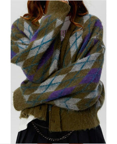 Argyle Oversized Cardigan Forest Mist - PINK ARROWS