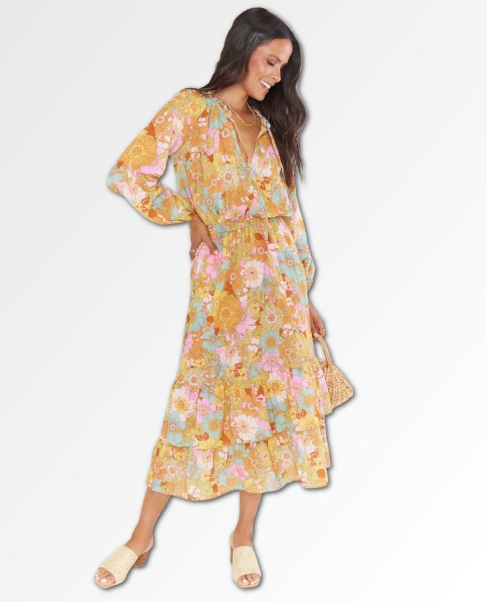 Cait Midi Dress Groovy Blooms - PINK ARROWS