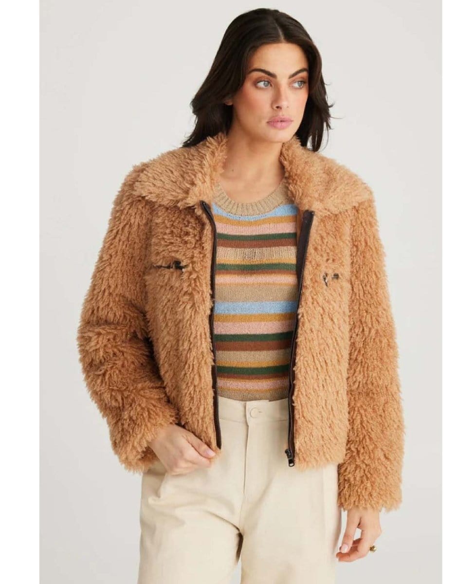 Cyrus Fuzzy Zip Jacket Biscuit - PINK ARROWS