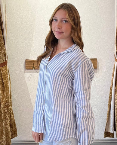 Eileen Italian Linen Shirt Blue Stripe - PINK ARROWS