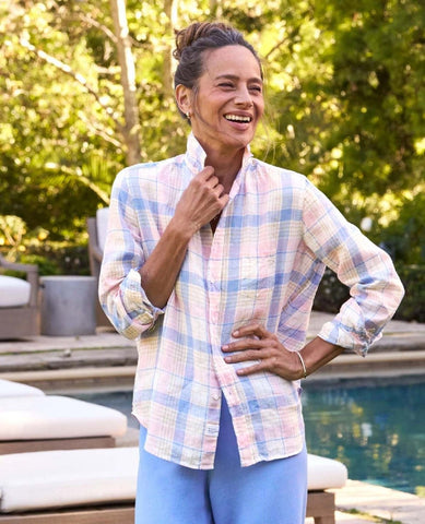 Eileen Pink Blue Plaid Linen Shirt - PINK ARROWS