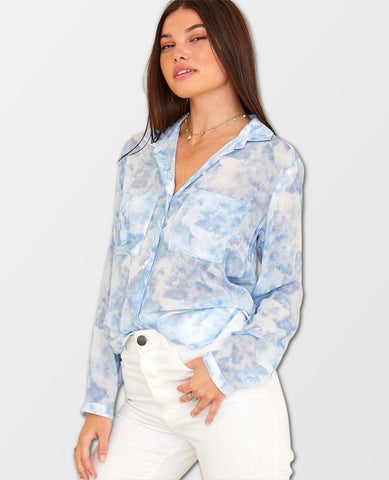 Full Button Down Hipster Shirt Cloud Print - PINK ARROWS