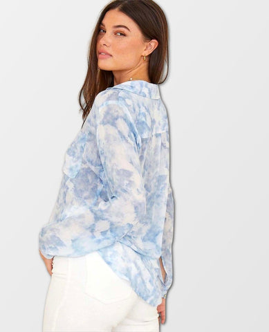 Full Button Down Hipster Shirt Cloud Print - PINK ARROWS