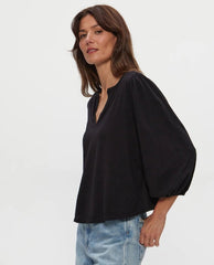 Gabi Puff Sleeve Top in Black - PINK ARROWS
